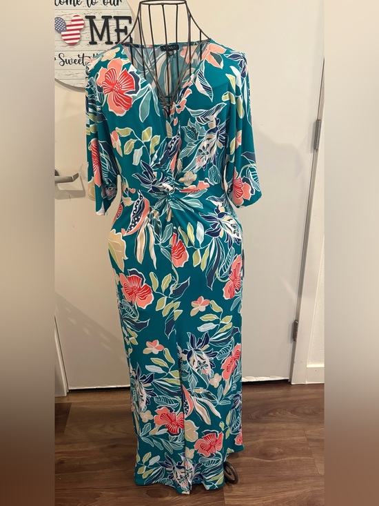 VENUS Dresses & Skirts - VENUS Teal Floral Knot-Waist Maxi Dress with Coral & Cream Blooms
